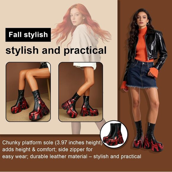 Women's Red Flame Printing Chunky Sole Ankle High Zipper Closure Round Toe Boots - Picture 3 of 9